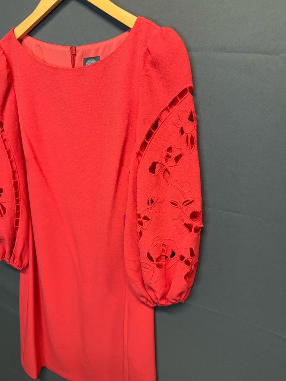 Vince Camuto Coral Pink Laser Cutout Eyelet Puff Sleeve Shift Dress NWT 8 Spring - Picture 3 of 9
